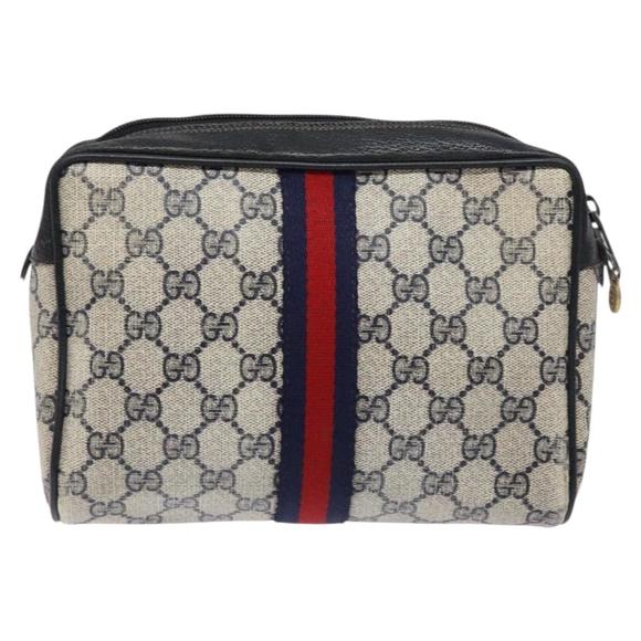 GUCCI GG Supreme Sherry Line Clutch Bag PVC Navy Gold 75 01 012 Auth gh543